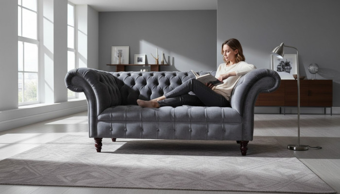 Sofa 2-seater couch design, upholstered textile fabric, grey Chesterfield, new.
