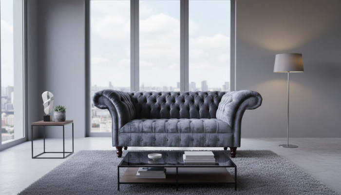 Sofa 2-seater couch design, upholstered textile fabric, grey Chesterfield, new.