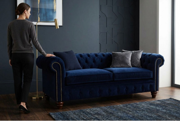 Blue Chesterfield English classic style sofa couch 3-seat upholstery 230cm