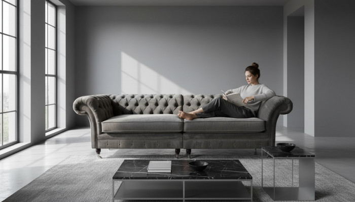 Chesterfield four-seater sofa 4-seater sofas fabric polyester gray furniture