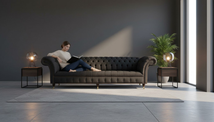 Chesterfield Sofa 4-Seater Black Fabric Living Room Design Couch Upholstery