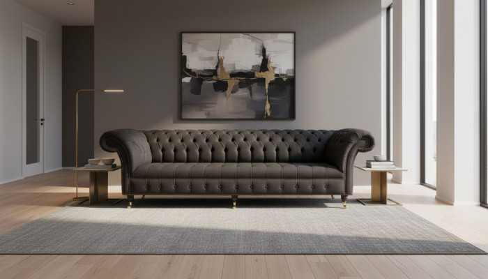 Chesterfield Sofa 4-Seater Black Fabric Living Room Design Couch Upholstery
