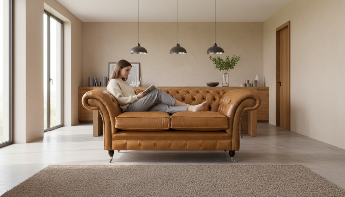 Chesterfield two-seater sofa 2 seat sofa upholstery seat leather couch brown