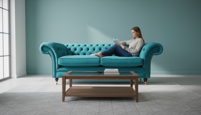 Chesterfield three-seater blue fabric living room design upholstered sofa