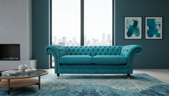 Chesterfield three-seater blue fabric living room design upholstered sofa