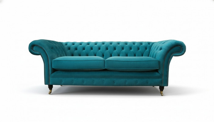 Chesterfield three-seater blue fabric living room design upholstered sofa