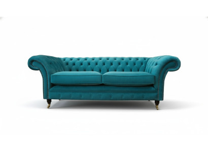 Chesterfield three-seater blue fabric living room design upholstered sofa