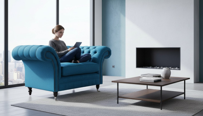 Blue Chesterfield Armchair Upholstered Sofa Couch 1.5 Seater Single Seater Fabric