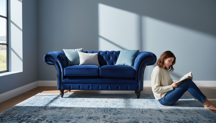 Chesterfield office seating furniture sofa couch 2-seat textile blue