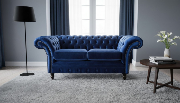 Chesterfield office seating furniture sofa couch 2-seat textile blue