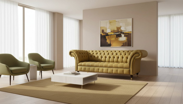 Chesterfield Three-Seater Luxury Sofa 3 Seat Sofas Seating Design Couch Furniture Beige