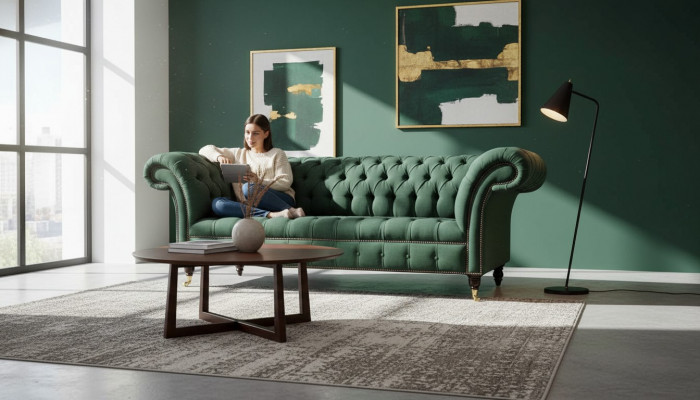 Three-seater couch textile green upholstery furniture Chesterfield sofas couches