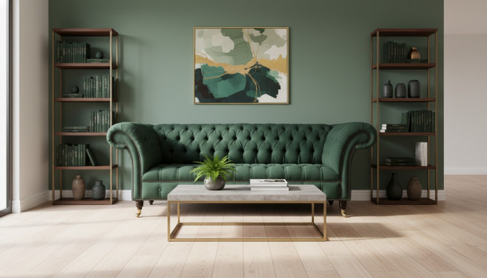 Three-seater couch textile green upholstery furniture Chesterfield sofas couches
