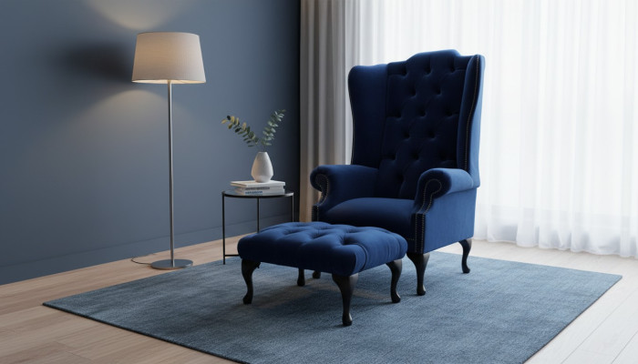 Chesterfield wing chair with stool, relaxer 1-seater sofa, single seat 2-piece set