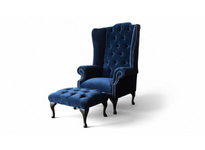 Chesterfield wing chair with stool, relaxer 1-seater sofa, single seat 2-piece set