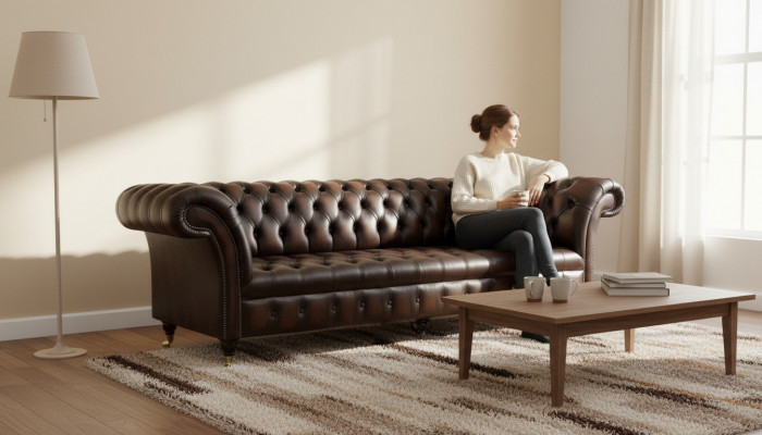 Leather Sofa, Sofa 4-Seater Couch, Luxury Classic Leather Chesterfield Sofas