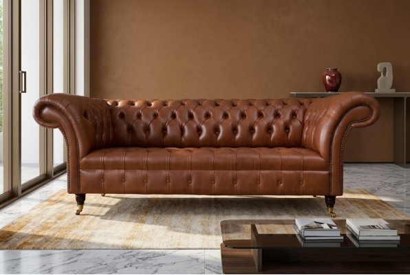 Chesterfield Sofa 3-Seater Brown Modern Upholstered Leather Living Room Design