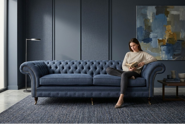 Design Chesterfield Sofa 4 Seater Fabric Couch Blue Upholstery Living Room