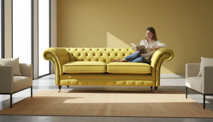 Textile 3 Seater Blue Fabric Design Couch Upholstery 230cm Chesterfield Sofa