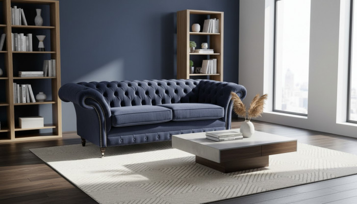 Classic Chesterfield Living Room Velvet Couch Blue 3-Seater Fabric Sofas