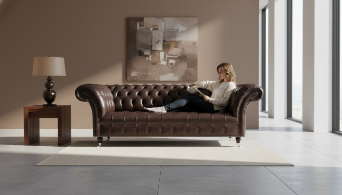 Three-seater Chesterfield sofa, 3-seater sofas, brown leather, living room luxury