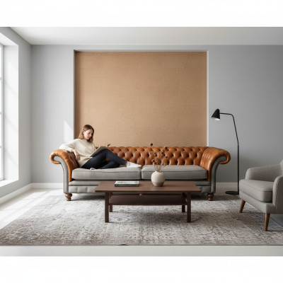Classic 4-seater Chesterfield couch in brown - High-quality textile and elegant leather design