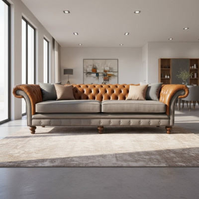 Classic 4-seater Chesterfield couch in brown - High-quality textile and elegant leather design