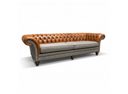 Classic 4-seater Chesterfield couch in brown - High-quality textile and elegant leather design