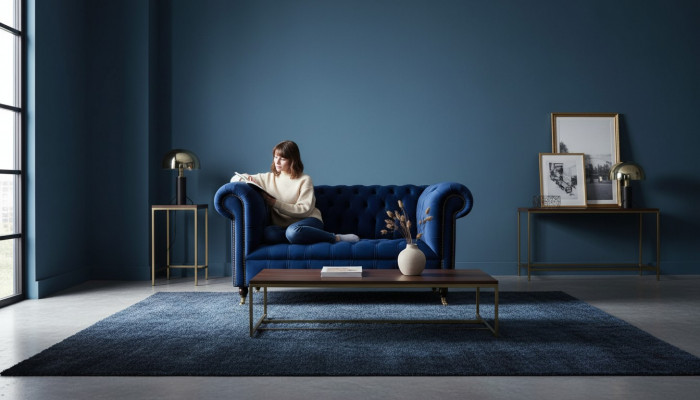 Chesterfield Office Seating Furniture Sofa Couch 2-Seat Textile Blue