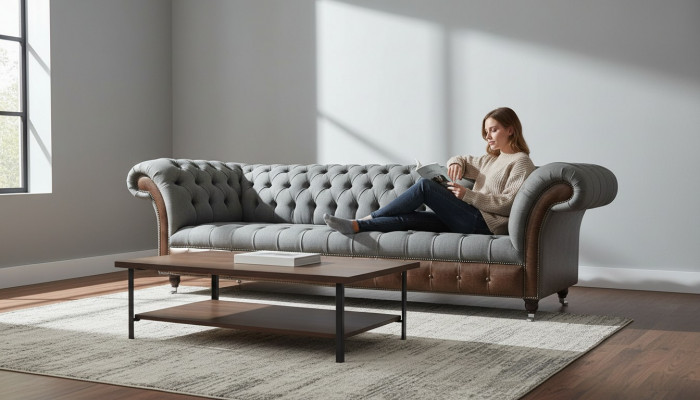 English Chesterfield Luxury Textile Sofa 4-Seater Sofa Upholstery Design Fabric Sofas