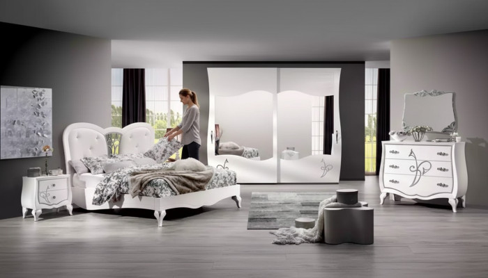 Bedroom 5-piece set: bed, 2 nightstands, wardrobe, modern furniture.