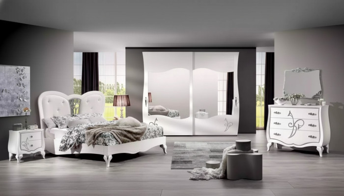 Bedroom 5-piece set: bed, 2 nightstands, wardrobe, modern furniture.