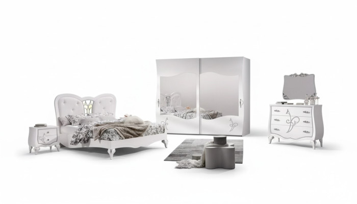Bedroom 5-piece set: bed, 2 nightstands, wardrobe, modern furniture.