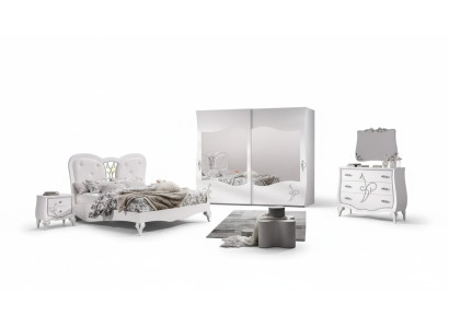 Bedroom 5-piece set: bed, 2 nightstands, wardrobe, modern furniture.