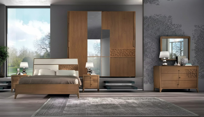 Bedroom set 6-piece luxury bed 2x nightstands wardrobe wood new