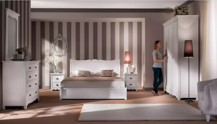Modern bedroom bed, 2x nightstands, dresser, wardrobe set