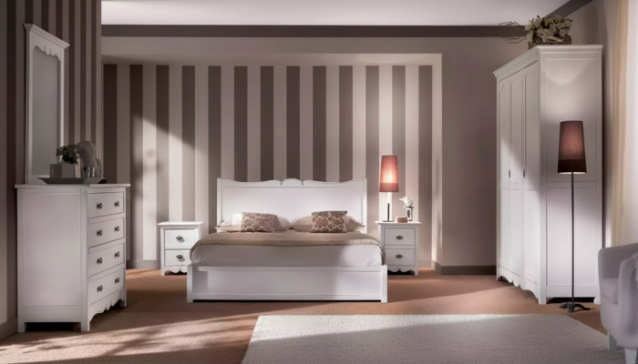 Modern bedroom bed, 2x nightstands, dresser, wardrobe set