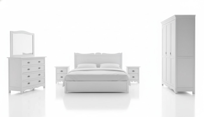 Modern bedroom bed, 2x nightstands, dresser, wardrobe set