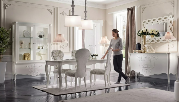 Dining room set, 8 pieces. Dining table, 4 chairs, sideboard, mirror, white furniture set.
