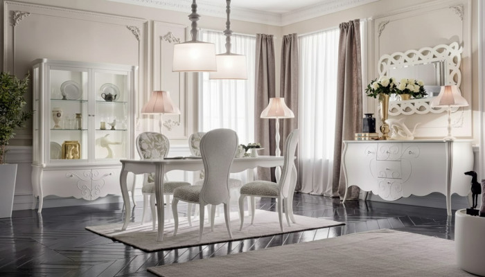 Dining room set, 8 pieces. Dining table, 4 chairs, sideboard, mirror, white furniture set.
