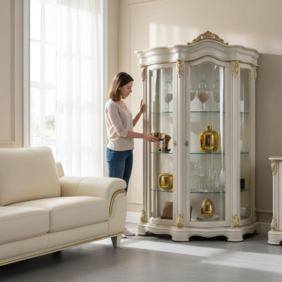Showcase wooden cabinet classic white cabinets design living room glass