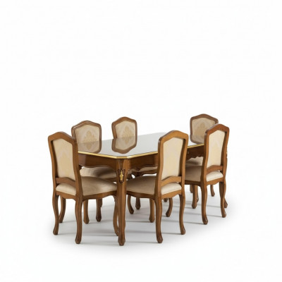 Dining table set: Table + 6x chairs, dining room set, table wood, textile