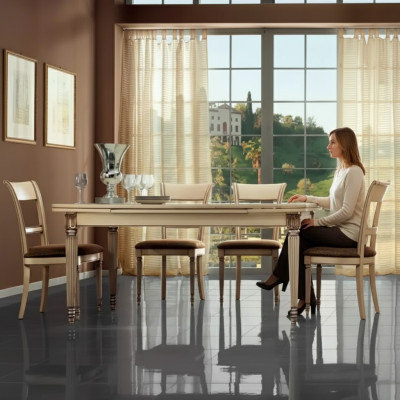 Italian style dining table, 4x chairs, wooden table, dining set, 5-piece design.