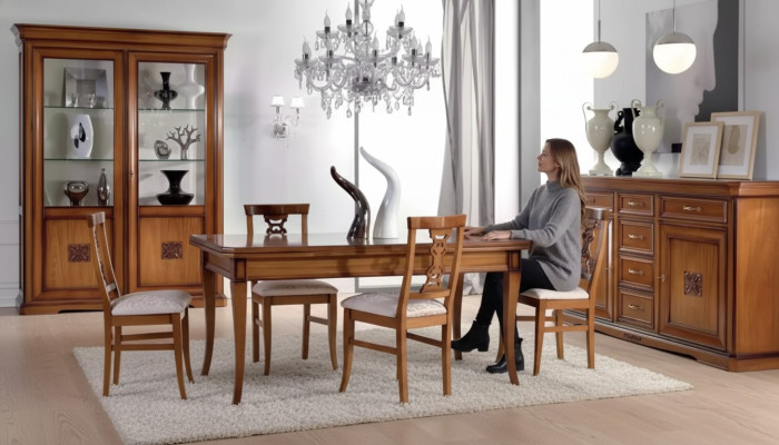 Design dining room set furniture 7-piece wood furniture 4x chairs table display cabinet new