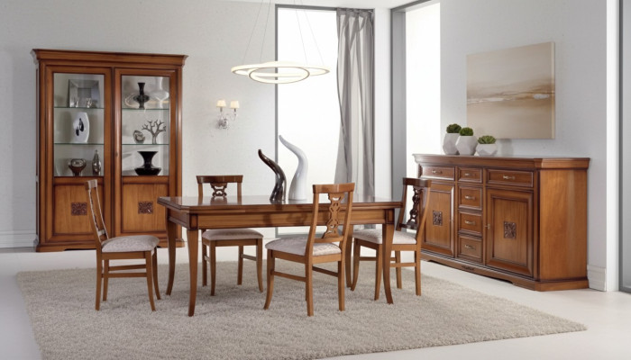 Design dining room set furniture 7-piece wood furniture 4x chairs table display cabinet new