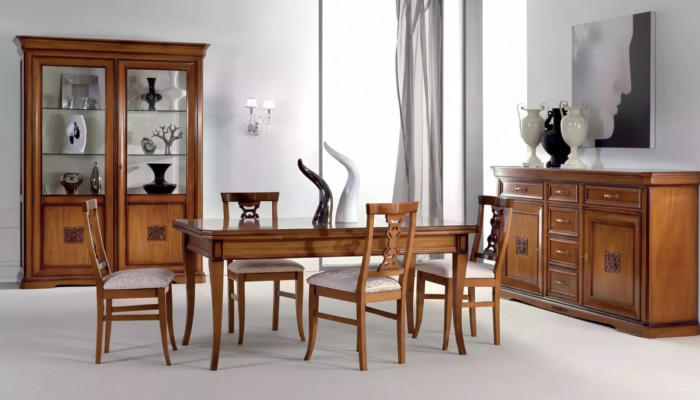 Design dining room set furniture 7-piece wood furniture 4x chairs table display cabinet new