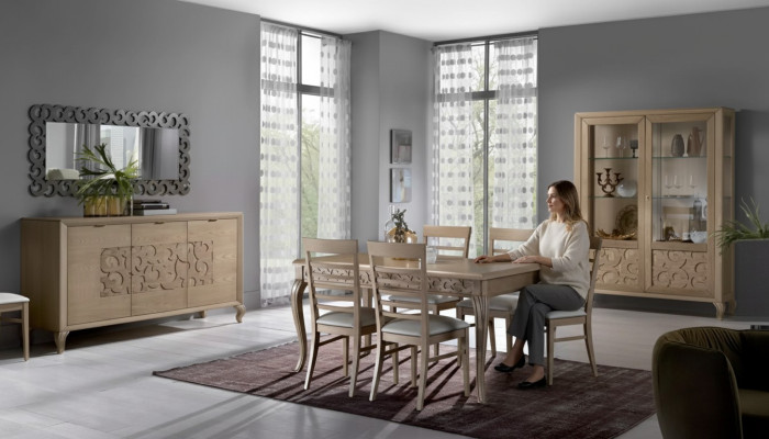 Design dining room set with dining table, 8-piece wood furniture, sideboard, 4x chairs, new.