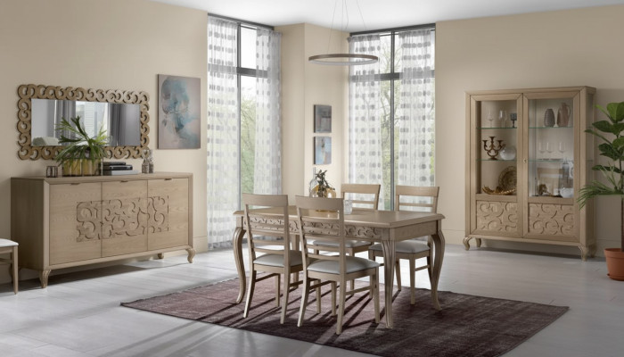 Design dining room set with dining table, 8-piece wood furniture, sideboard, 4x chairs, new.