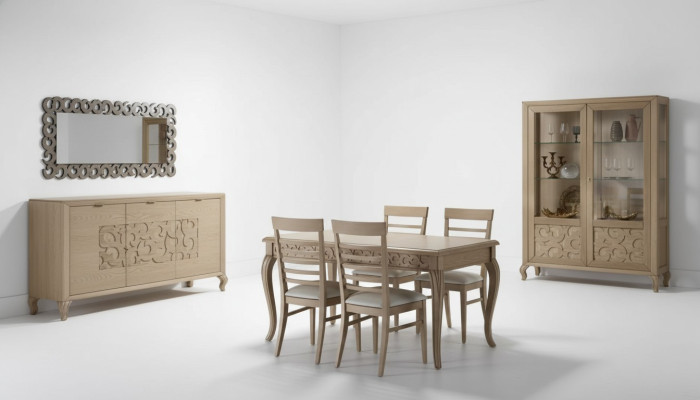 Design dining room set with dining table, 8-piece wood furniture, sideboard, 4x chairs, new.