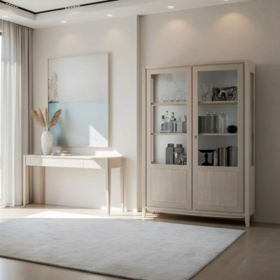 Showcase living room furniture wood glass display cabinet beige sideboard new